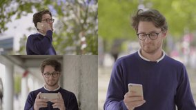 Collage of medium shots of attractive young Caucasian man in spectacles and in dark blue pullover talking, texting and watching movie on phone outside. Lifestyle, communication concept