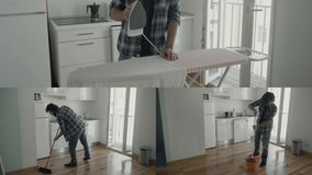 Collage of long shots of handsome young Caucasian man in homewear doing homework, sweeping and cleaning floor with broom, ironing T-shirt. Cleaning concept