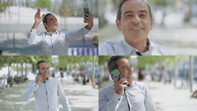 Collage of smiling middle-aged mixed-race man in white shirt walking outside, talking on phone, having video chat, waving hand, sending kisses. Lifestyle, communication concept