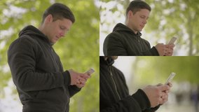 Collage of side views of good looking young Caucasian man texting on phone outside, smiling. Lifestyle, communication concept
