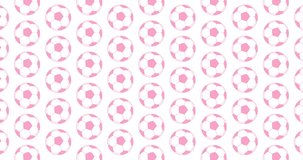 Pink soccer balls background video clip motion backdrop video in a seamless repeating loop. Pink color womens soccer ball icon sports pattern white background high definition video
