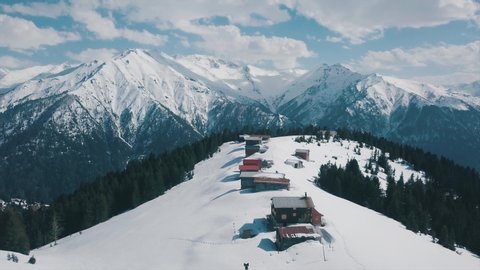 Aerial view of Pokut plateau under snow in the Black Sea and Rize Turkey