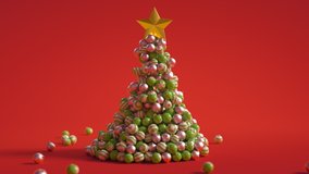 3D Christmas Tree Animation 4K with copy space on red. Xmas tree baubles animate to form Christmas Tree. Add your message or copy - Powered by Shutterstock - Get 15% off with code: PIKWIZARD15