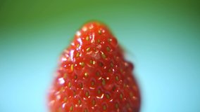 Fresh strawberry with water drops on green background macro view rotation. Fresh, juicy strawberry isolated on green. Macro video of red strawberries rotation. Strawberry and water drops. Fresh fruit