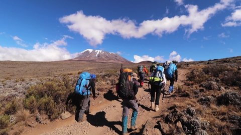 Static shot of a group of people hiking, towards the summit of mount Kilimanjaro, on a sunny day, near Horombo hut, in Tanzania, Africa