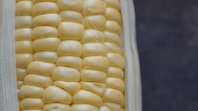 Close up footage of sweet corn. Selective focus. Panning to the right.