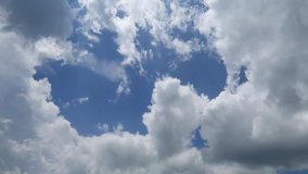 Different cloud formation dances on tropical summer bright blue sky background with sunlight & sun ray in sunny & sunshine day. TimeLapse clip video of puffy & fluffy white cloudy sky in spring season