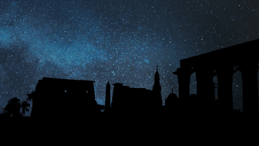 Luxor by Night with Stars and Milky Way: Ruins of Ancient Egyptian Temple Complex with Obelisk and Colonnades, Egypt, Africa