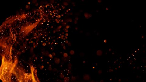 Super slow motion of fire sparks isolated on black background. Filmed on high speed camera, 1000 fps