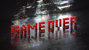 Game over phrase in pixel art 8 bit retro style with glitch effect. Seamless loop 3D render animation