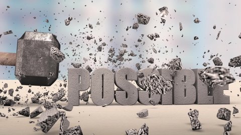 Sledgehammer smashing solid concrete 
impossible 3D construction sign cracked crushing into particles change to possible, on table in office with building background, 3D illustration animation.