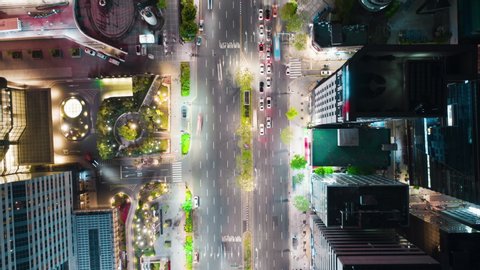 Hyperlapse of Seoul Gangnam District on the night, view from above. Aerial city panorama with a lot of traffic, modern skyscrapers and glittering street lights. 8K ultra high definition footage.