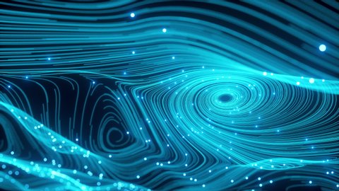 The Perfect Spherical Movement of the fiber optic Information Stream. Neon Balls with Dust of the Universe with Stars on a Waving Curves. Motion of Abstract Particles Shot. 3d Animation VJ Footage