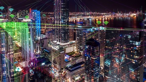 Hyperlapse timelapse of Night city traffic in 4K with Connected Through 5G. Wireless network, data communication,mobile technology concept, cloud computing, artificial intelligence, Ai technology.