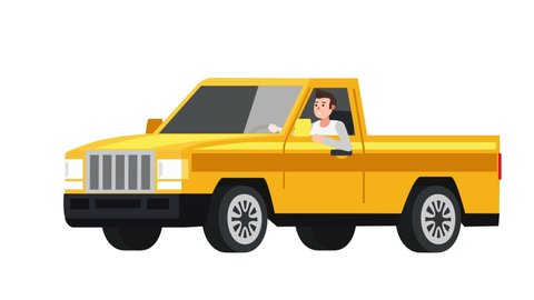 Flat cartoon isolated yellow vehicle pickup truck car with man character animation 