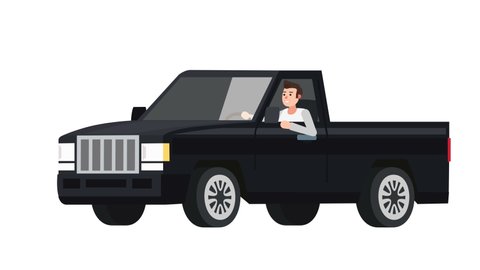 Flat cartoon isolated black vehicle pickup truck car with man character animation 