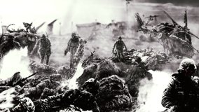 Destroyed air base with rising from ground zombies soldiers against on background of nuclear explosion. Animation in genre of horror. - Powered by Shutterstock - Get 15% off with code: PIKWIZARD15