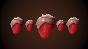 Isolated strawberries on brown background are spinning and poured by melted chocolate, fresh tasry berries in milk chocolate, food video of making sweets, strawberry candies, Full HD Prores HQ 422