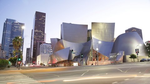 time lapse Walt disney concert hall designed par frank gehry at Los angeles music center at sunset at downtown los angeles california usa -may 2019 4K