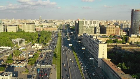Moscow, Russia - 27 May 2019. Aerial view of the Leningradsky avenue