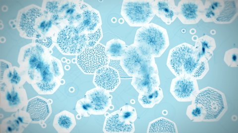 Blue microorganisms.Viruses under microscope.Human immune system virus moving across screen. Bacteria virus or germs microorganism cells under microscope. 3d render microbe.