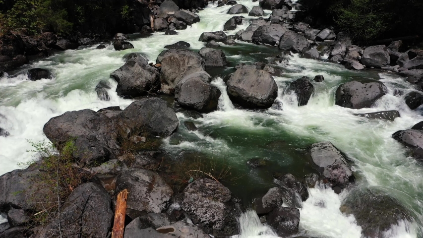 Aerial view of Avenue of Giant Boulders section of water on the upper Rogue River in Southern Oregon
