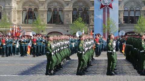 MOSCOW, RUSSIA - MAY 07, 2019: Rehearsal of the Victory Day celebration (WWII). Rehearsal of parade - ceremonial March of soldiers on Red Square. Military Academy of strategic missile forces
