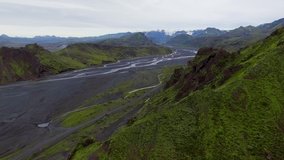 Drone aerial view of the beautiful unique landscape of Thorsmork in highland of Iceland. The natural terrain is famous for outdoors trekking and hiking.