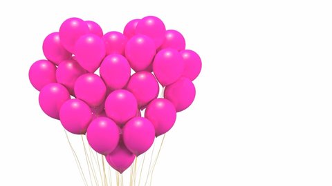 Bunch of bright pink balloons arranged in heart shape floating, gift for love, on white background. 3D rendering. animation.