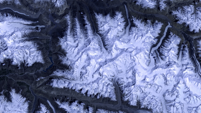 Global warming melting glaciers, sunrise aerial satellite view on Pakistan mountains. Contains public domain image by Nasa