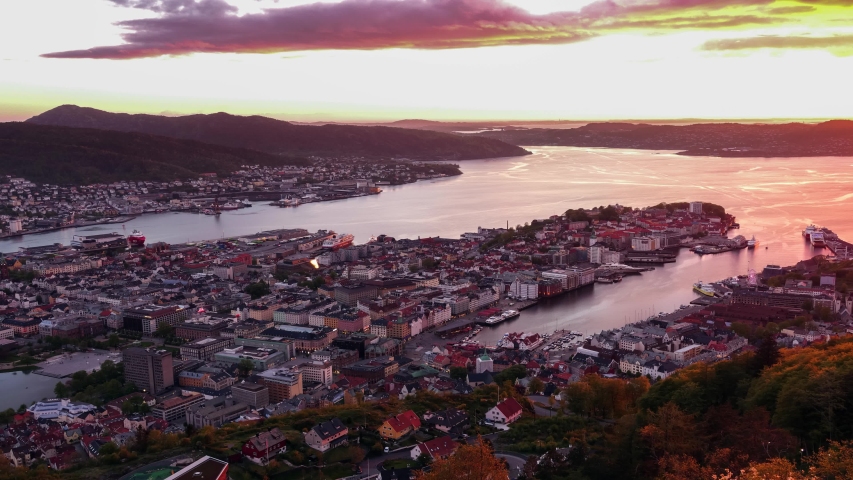 Sunset timelapse. Bergen  city view from Mount Floyen. Bergen, Norway.