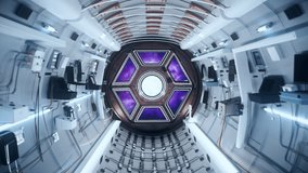 The camera flies and approaches the porthole on the space Shuttle. A space Shuttle at warp speed is flying into the wormhole. - Powered by Shutterstock - Get 15% off with code: PIKWIZARD15