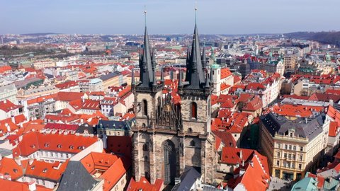 Beautiful Panoramic Fly Around Praga Old Town Church of Our Lady before Týn, Sunny Aerial Drone View Above Prague