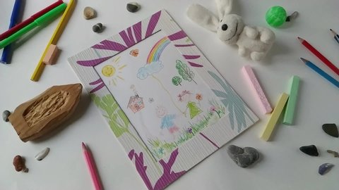 Adult woman draws children's style picture drawing Concept of nostalgia for childhood time lapse