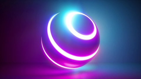 3d rendering, abstract neon background, white rings going over ball illuminated with pink blue light, isolated object in ultraviolet spectrum, looped animation