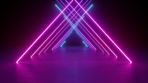 abstract neon background, flight forward through triangular corridor, appearing glowing pink blue lines, ultraviolet spectrum