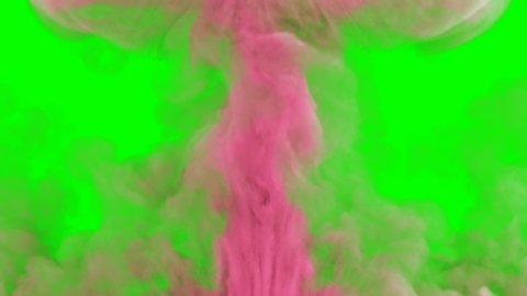 Pink spreading colored smoke 3D animation. Abstract inky swirling colorful powder cloud for wipe transitions and overlay effects. Isolated paint fog explosion isolated on chroma key. Alpha channel