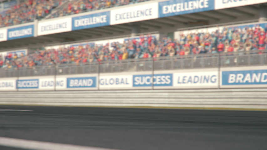 Side view of a red formula one race car driving across the finish line in slow motion with cheering fans on the grandstands - close-up front wheel - realistic high quality 3d animation Royalty-Free Stock Footage #1030346318
