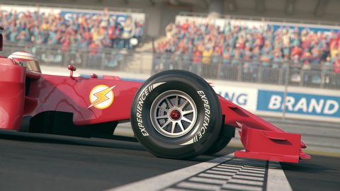 Side view of a red formula one race car driving across the finish line in slow motion with cheering fans on the grandstands - close-up front wheel - realistic high quality 3d animation