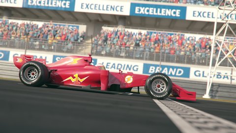 Side view of a red formula one race car driving across the finish line in slow motion with cheering fans on the grandstands - realistic high quality 3d animation