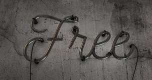 Red neon sign saying the word Free on a grey concrete wall background, the footage starts with the sign off, then it stays on for 30 seconds them flashes on and off for another 30 seconds.