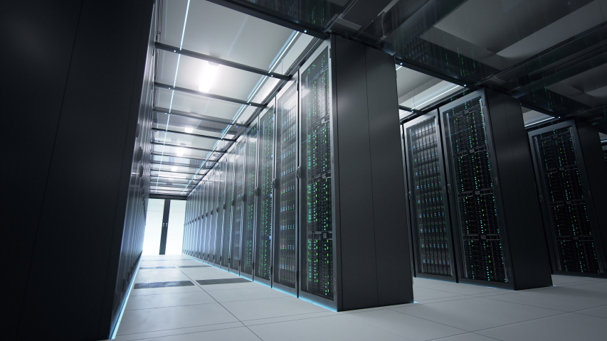 Camera moving in data center in dim light showing racks of server equipment shared by numerous passages. Seamlessly looped photorealistic 3D render animation. Royalty-Free Stock Footage #1030352279