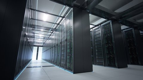 Camera moving in data center in dim light showing racks of server equipment shared by numerous passages. Seamlessly looped photorealistic 3D render animation.