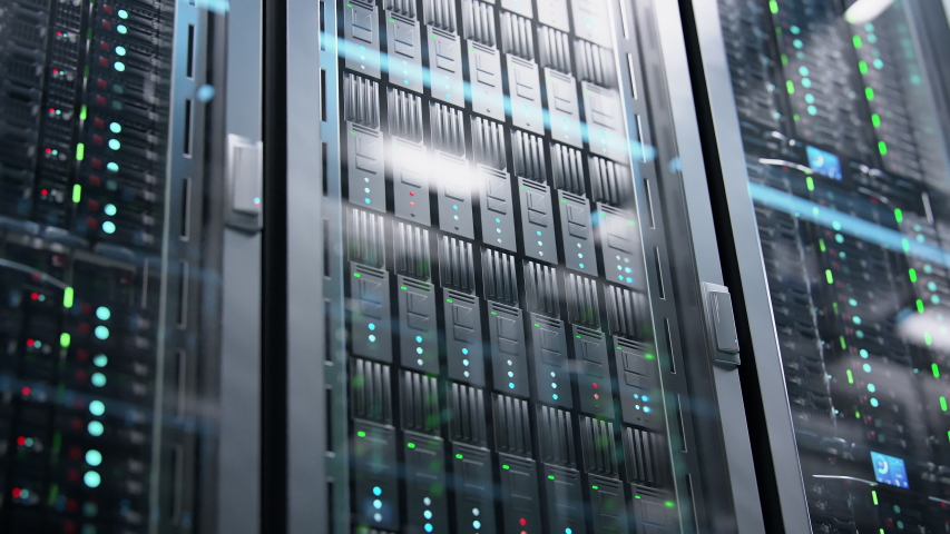 Camera moving in data center along the racks with server equipment, close up view. Seamlessly looped photorealistic 3D render animation. Royalty-Free Stock Footage #1030352282