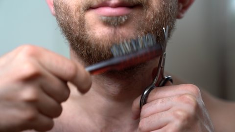 White Man Taking Care of his Beard using comb and scissors. Hipster man in the bathroom cares for a beard. Close up
