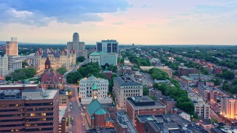 Drone footage of Albany, New York downtown at dusk, with rotating camera motion. Albany is the capital city of the U.S. state of New York and the county seat of Albany County