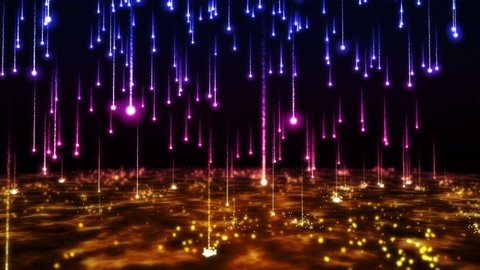 Abstract animation background fiery particles rain drops with glowing trails falling on glowing surface making shiny splashesの動画素材
