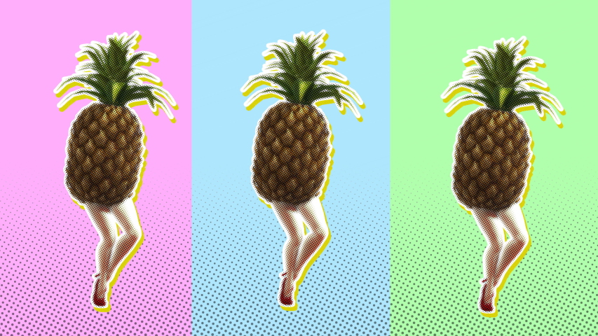 Seamless young animation of cartoon style walking pineapple with halftone effect . Stop motion surreal art with pastel colors background. Royalty-Free Stock Footage #1030366823