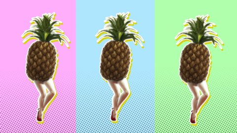 Seamless young animation of cartoon style walking pineapple with halftone effect . Stop motion surreal art with pastel colors background.
