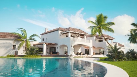 4k video of Recreation near the pool in expensive mansion. 3d render of Private villa. Expensive mansion in oriental style. Pool near the house. 